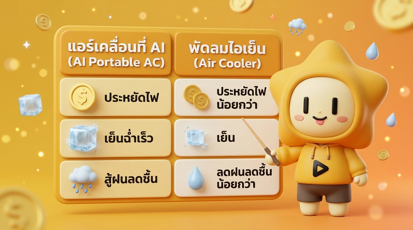 Summary comparison table mockup showing AI AC vs Air Cooler with key icons like money, ice, and raindrop