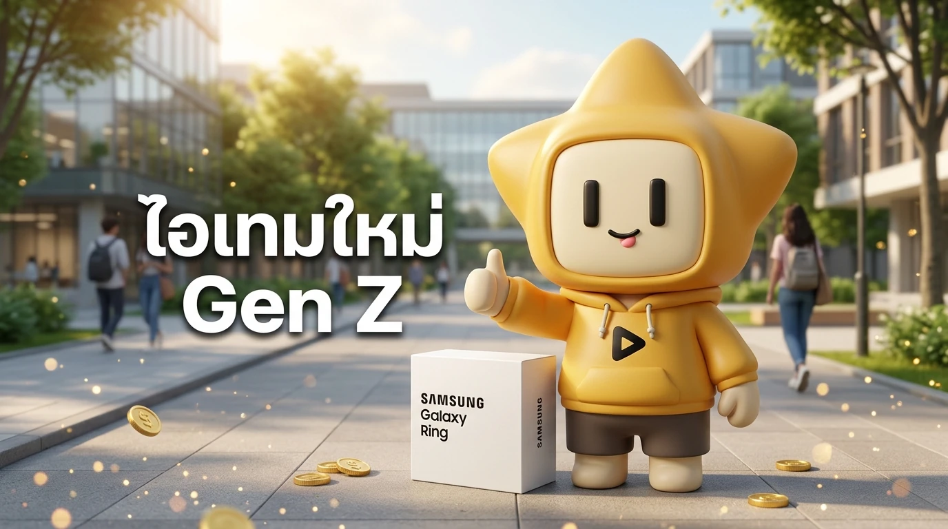 A final inspiring photo of the "Nong Deajing" mascot standing next to a Samsung Galaxy Ring box, giving a thumbs up, with a background of a modern university campus.