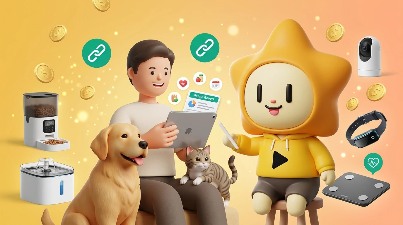 Professional shot of a happy person with their dog and cat, surrounded by smart pet gadgets, looking at a health report on a tablet
