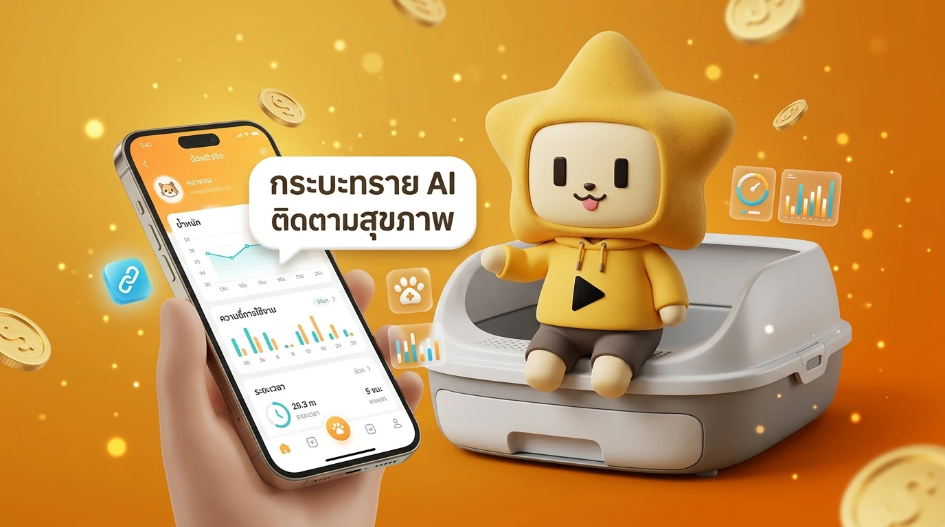 Smart AI litter box with a digital health display on a smartphone screen showing cat health metrics