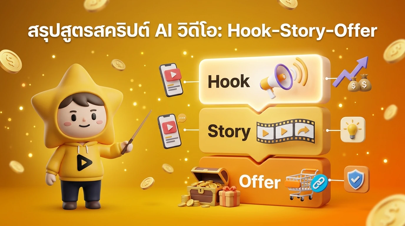 Infographic showing the Hook-Story-Offer scripting framework for AI video marketing