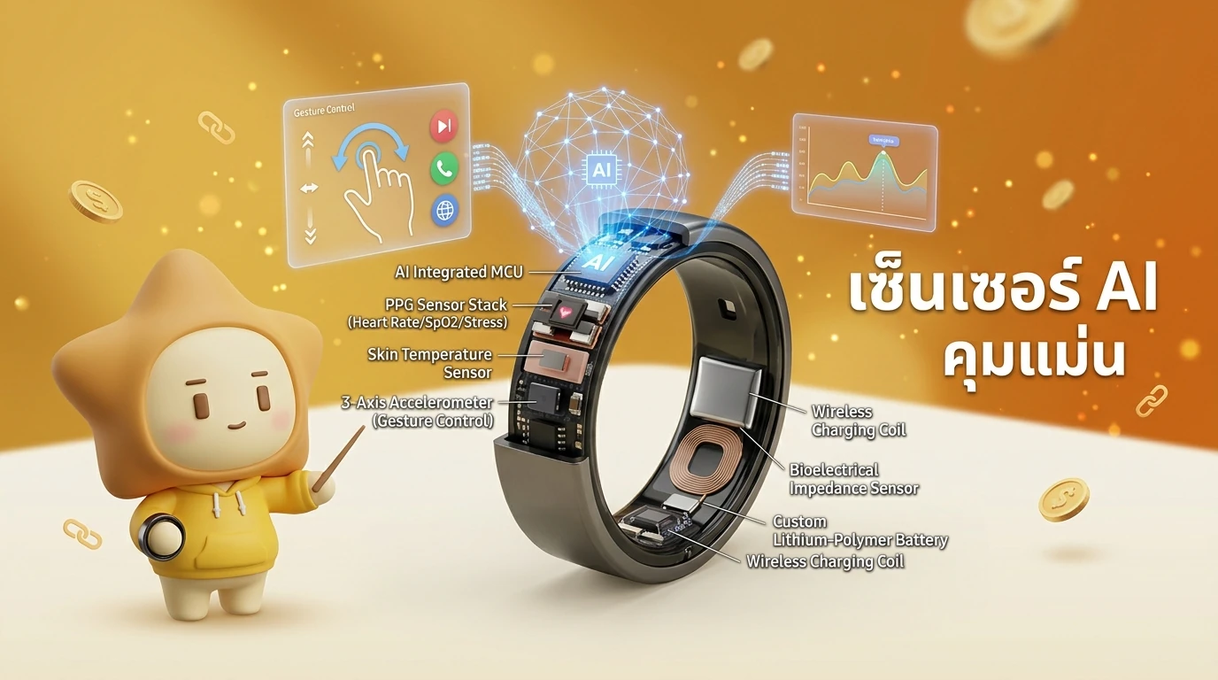 Detailed illustration of the internal sensors of a Samsung Galaxy Ring Gen 2, highlighting the AI integration and gesture control capabilities.