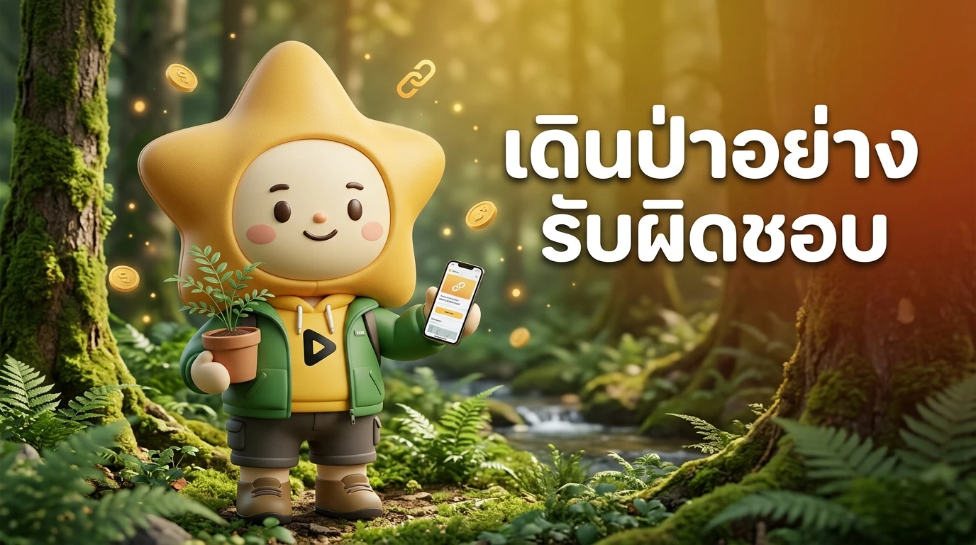 Mascot "Nong Dee Jing" wearing a green hiking outfit, holding a small plant and a smartphone, smiling warmly in a lush forest background.