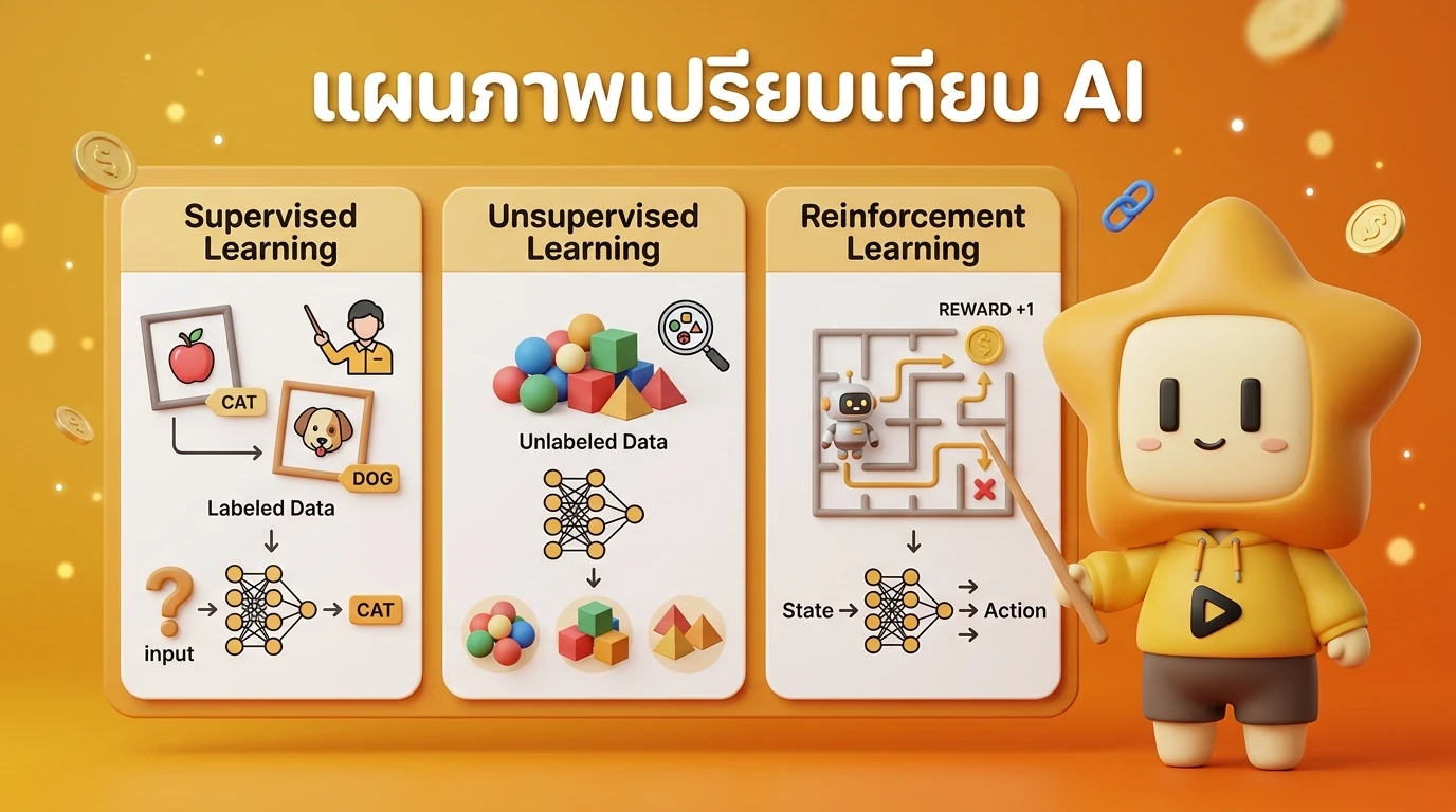 Visual diagram explaining the difference between Supervised, Unsupervised, and Reinforcement Learning with simple icons