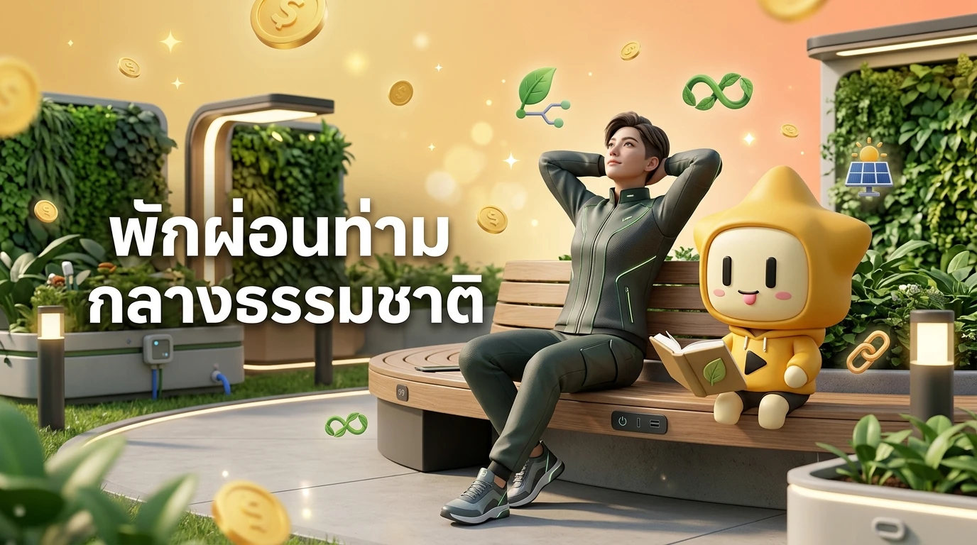 A person in high-tech 2026 attire sitting in a modern urban park with AI-integrated green spaces, looking relaxed and away from screens.