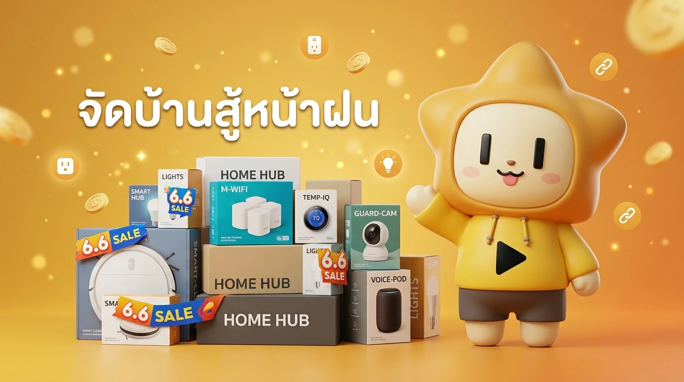 Nong Dee Jing mascot waving happily next to a pile of smart home gadget boxes with 6.6 sale banners