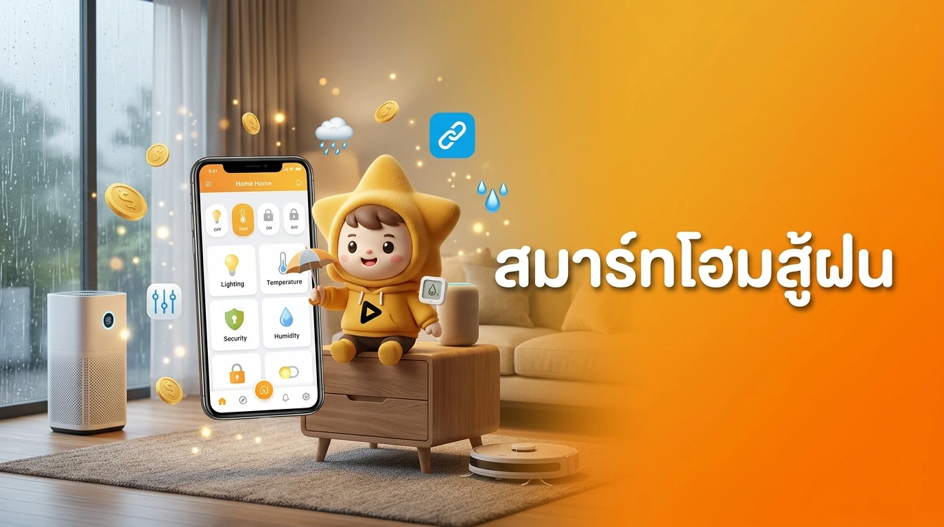 A cozy modern smart home interior during a rainy day showing various smart gadgets glowing softly with a mobile phone dashboard
