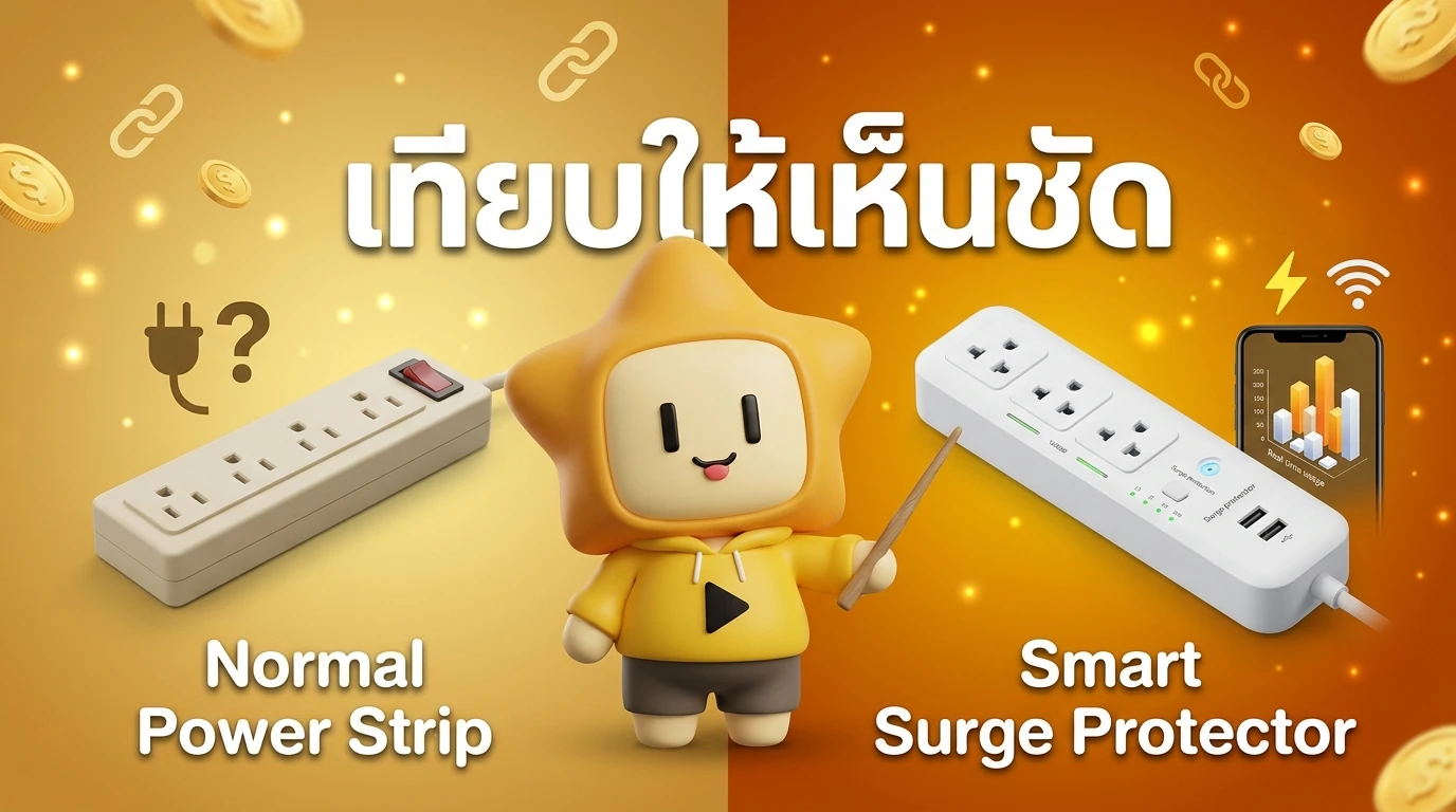 Comparison table showing the difference between a normal power strip and a Smart Surge Protector