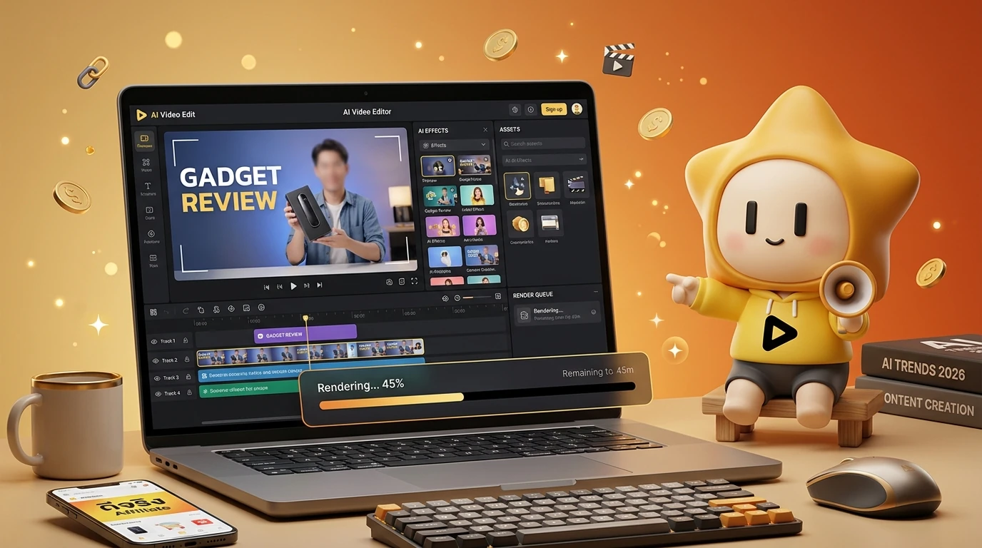 Screenshot of an AI Video Editing software workspace with a preview of a gadget review video being rendered
