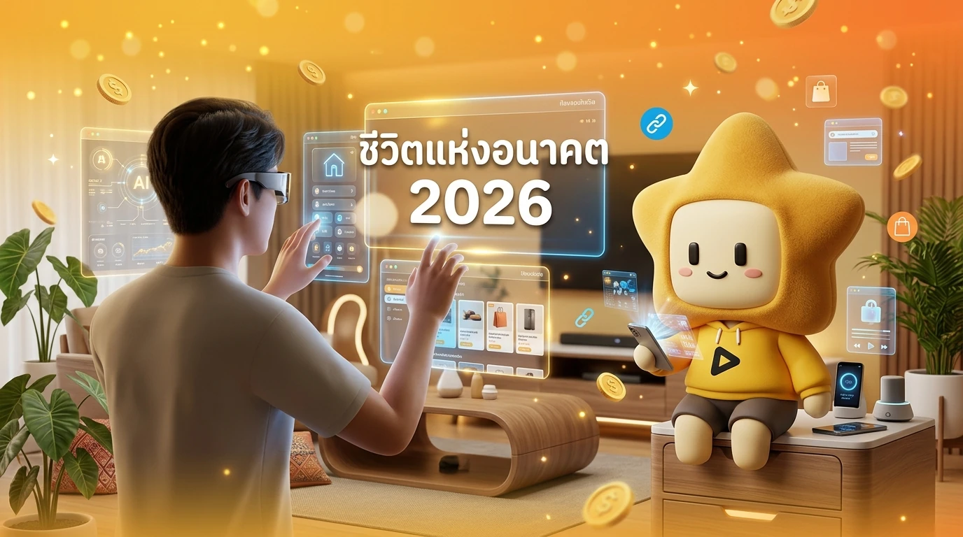 A futuristic lifestyle scene in 2026 with a person wearing AR glasses and interacting with a transparent AI holographic interface in a modern Thai living room
