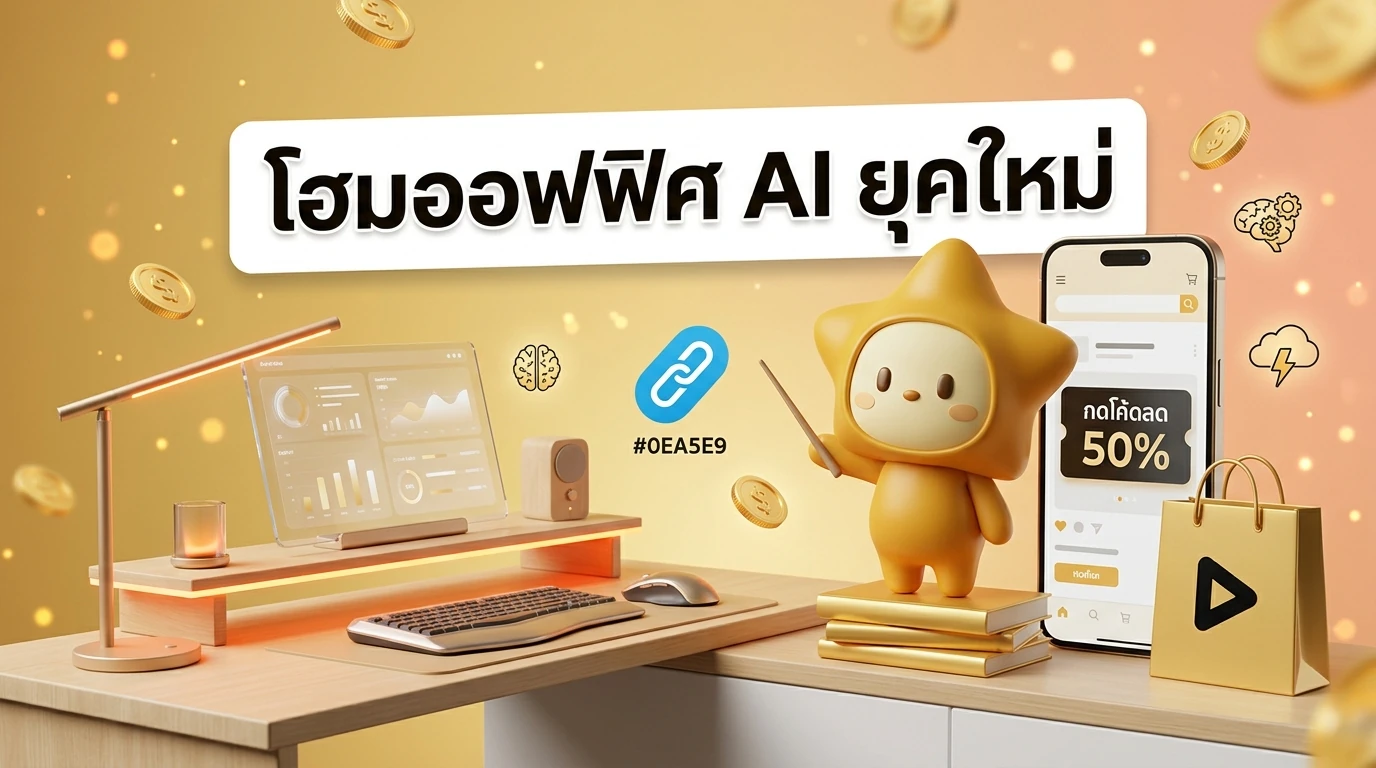 A futuristic home office setup with minimalist design, AI-powered gadgets, and warm orange lighting accents