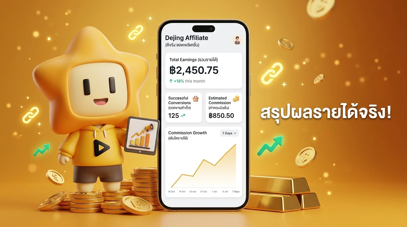 A screenshot mockup of the "Dejing Affiliate" mobile app dashboard showing rising commission graphs and successful conversion stats