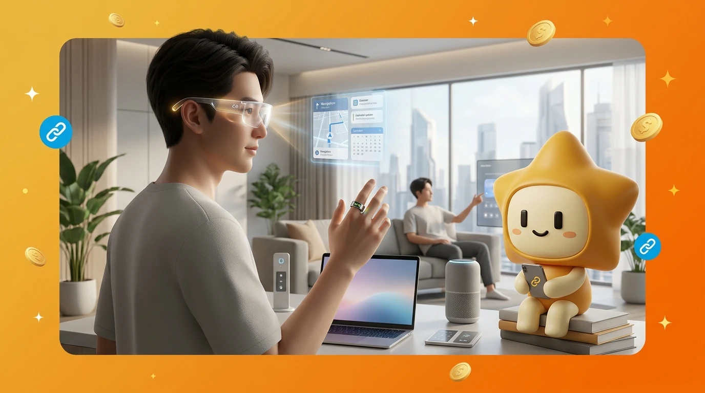 A modern lifestyle scene in 2026 showing people using various AI gadgets like smart rings and AR glasses in a seamless, daily life setting