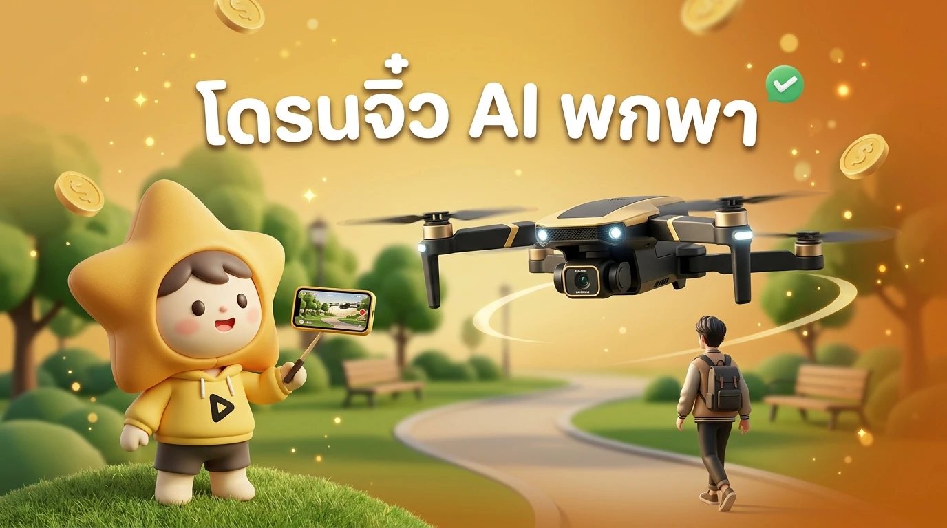 A small pocket-sized AI drone flying autonomously around a person walking in a park, capturing cinematic video
