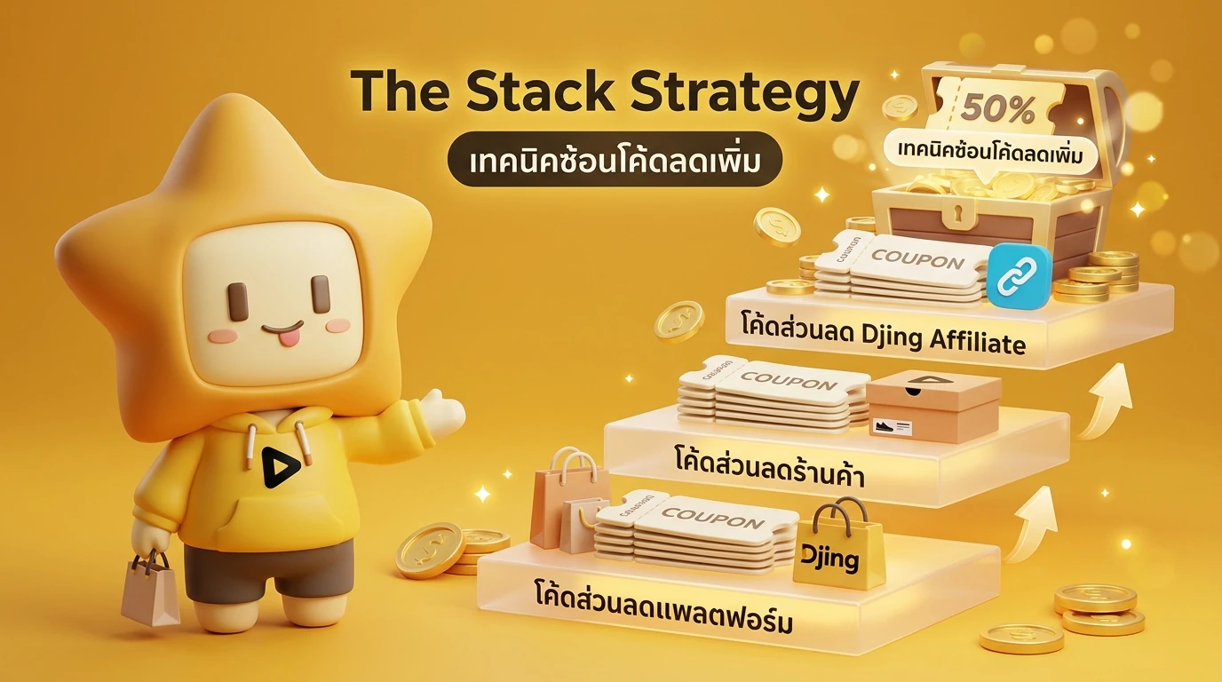 Infographic explaining "The Stack Strategy" - layering Platform, Shop, and Djing Affiliate codes for maximum discount
