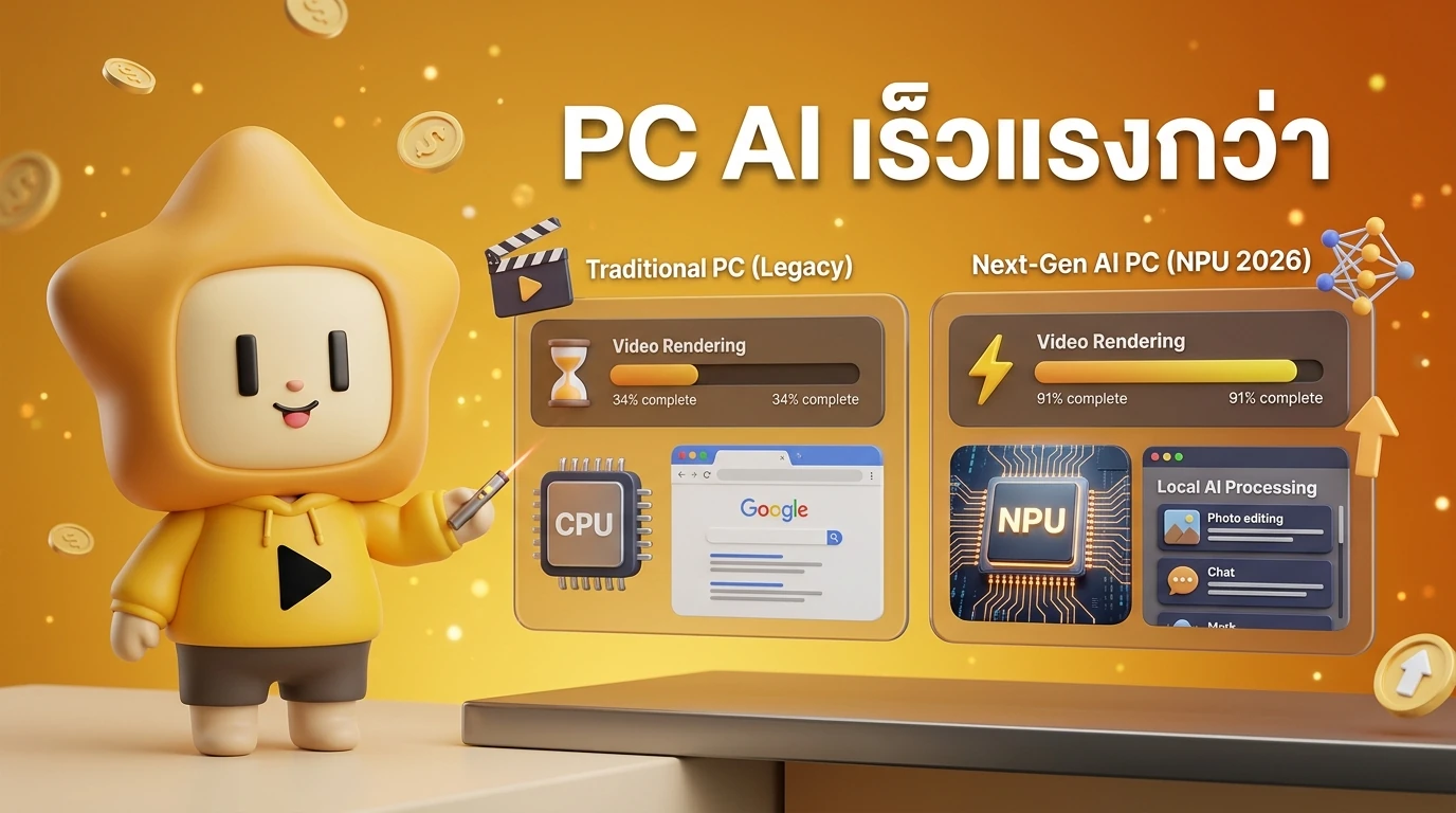 Infographic comparing traditional PC speed vs Next-Gen AI PC with NPU in 2026, showing faster video rendering and local AI processing