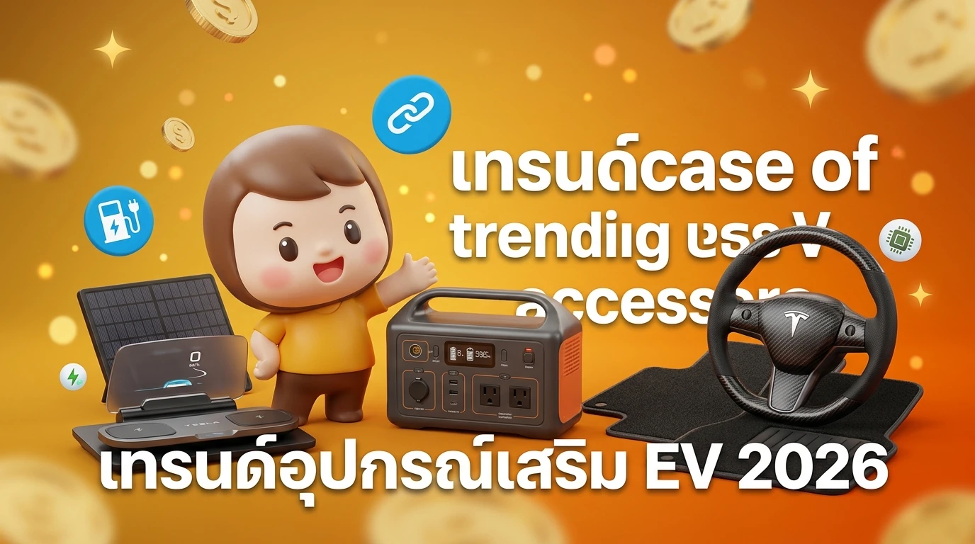 Showcase of trending EV accessories in 2026 like smart head-up displays, portable power stations, and custom Tesla interior kits