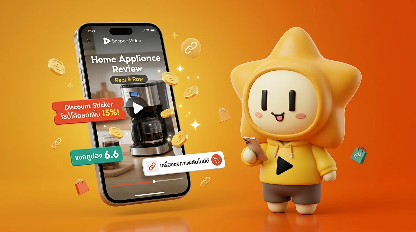 Smartphone screen mockup of a Shopee Video interface featuring a "Real & Raw" review of a home appliance with interactive discount stickers