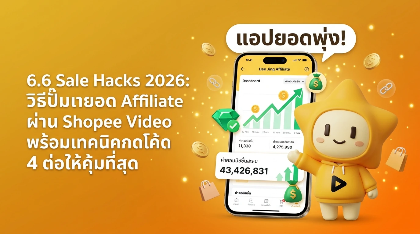 A clean, professional dashboard view of the "Dee Jing Affiliate" app showing rising graphs and successful commission tracking icons