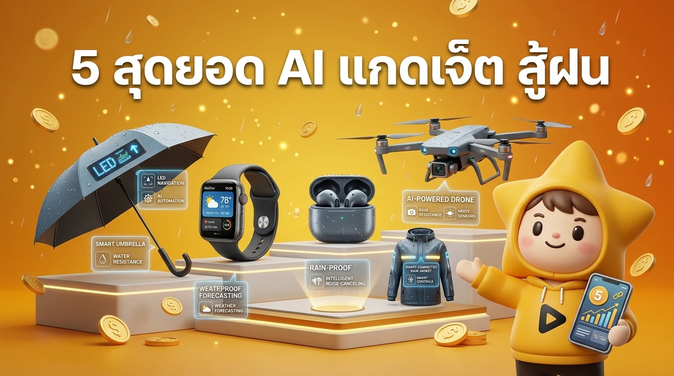 Infographic showing the top 5 AI Gadgets for rainy season with their key features like water resistance and AI automation.