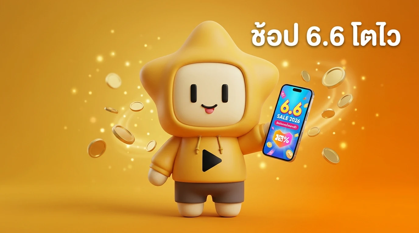 A vibrant 3D illustration of Mascot "Nong Dee Jing" holding a smartphone showing a 6.6 Sale banner with coins flying around, symbolizing e-commerce growth in 2026