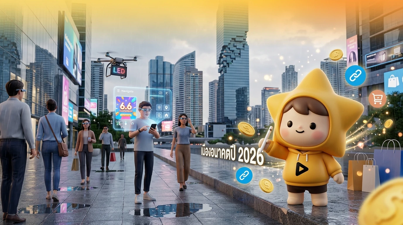 A futuristic city landscape in Bangkok 2026 during a light rain, showing people using smart glasses and wearable AI devices with glowing AR interfaces.