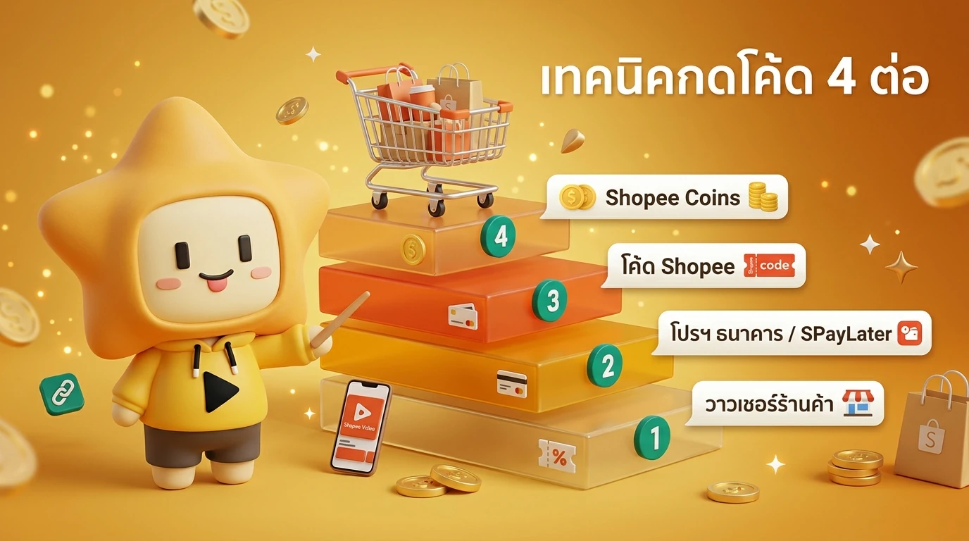 Infographic visual showing 4 layers of discount stacking: 1. Shop Voucher, 2. Shopee Code, 3. Bank/SPayLater Promo, 4. Shopee Coins