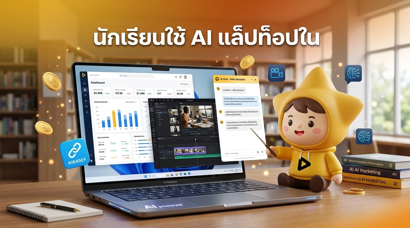 Student using an AI laptop in a library with multiple windows open: a dashboard, a video editor, and a chat window with AI