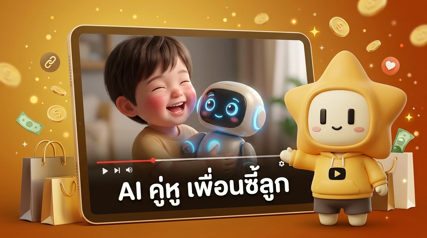 Video screenshot mockup of a child interacting happily with an Emotional AI Companion robot