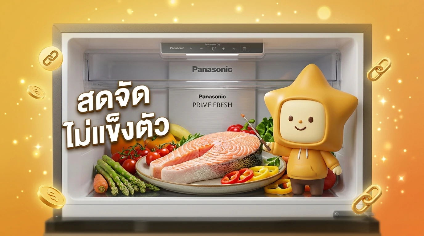 Detailed photo of Panasonic Prime Fresh compartment with fresh salmon and vegetables, showing the texture of food without ice crystals