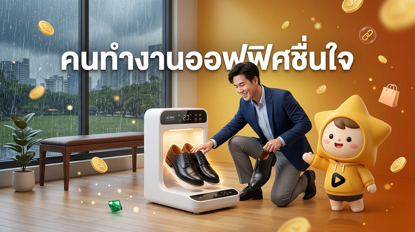 A person in office attire happily checking their dry, clean shoes from an AI dryer, with rain visible through the window behind them