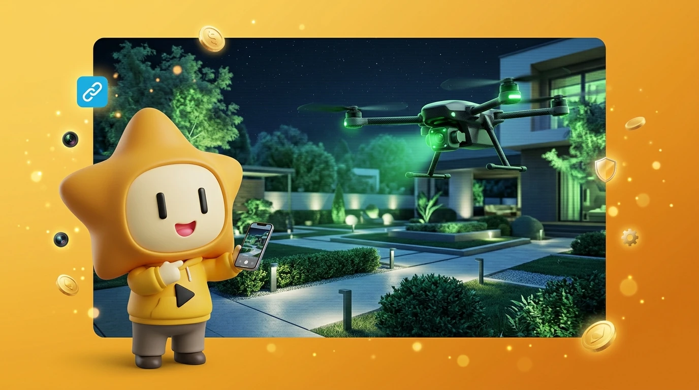 Smart Home Drone patrolling a modern garden at night
