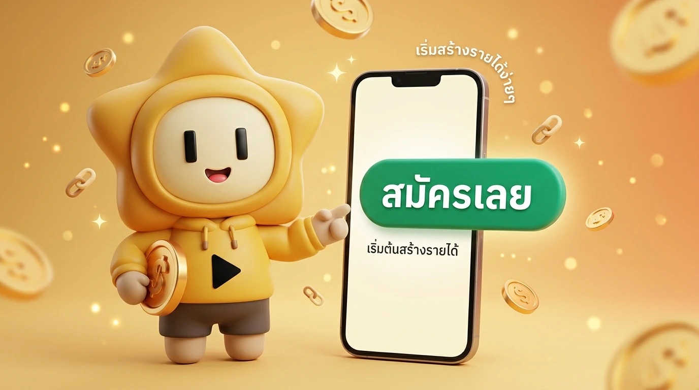 The mascot "Nong Dee Jing" holding a gold coin and pointing towards a "Sign Up" button on a smartphone screen, smiling brightly