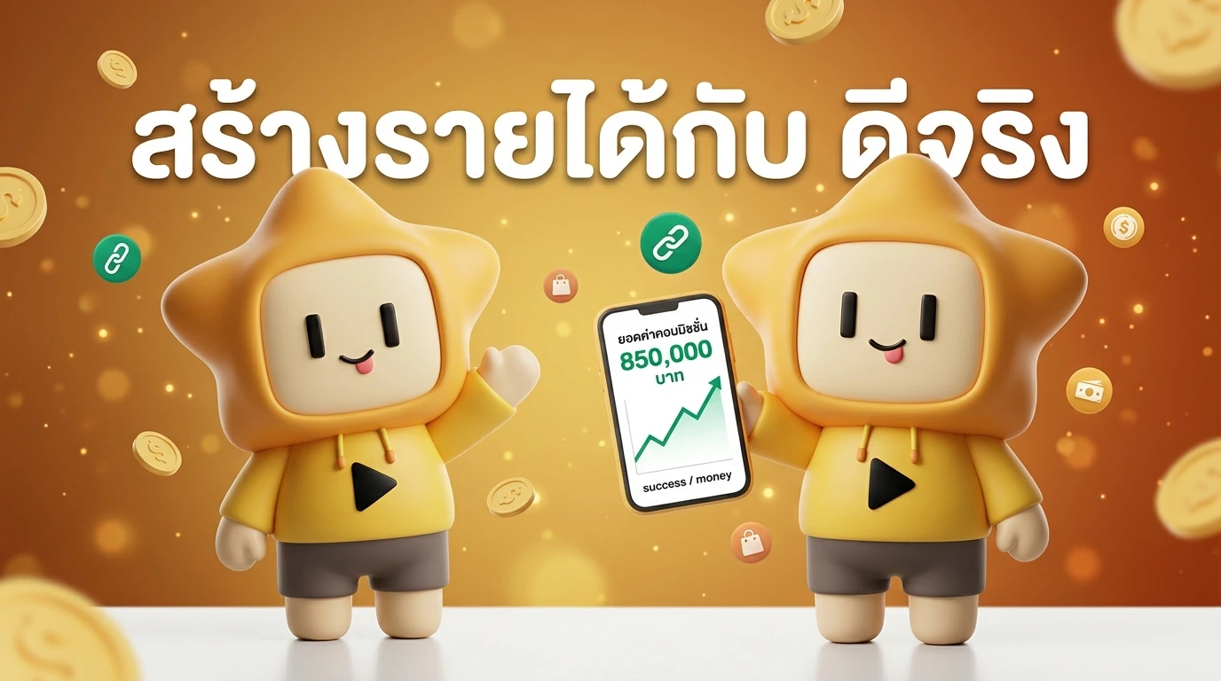 Mascot "Nong D-Jing" waving with a smartphone showing a high commission balance