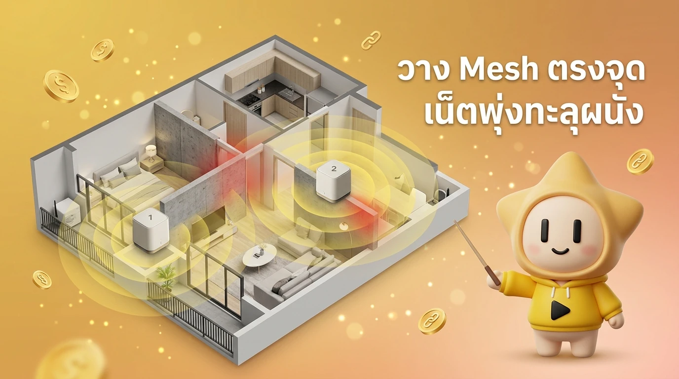 3D floor plan illustration showing ideal placement of 2 Mesh nodes in a condo layout to bypass precast walls