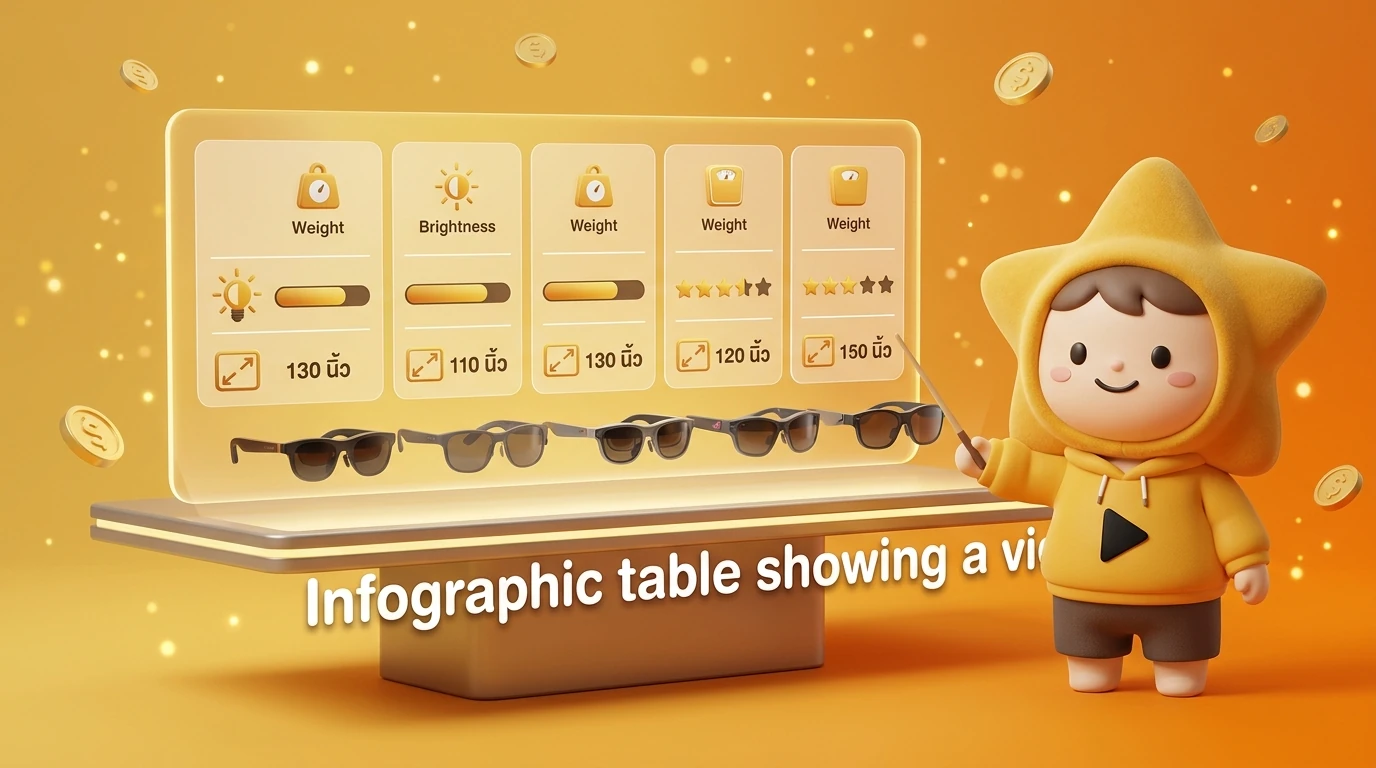Infographic table showing a visual comparison of the 5 AR glasses brands with small icons for weight, brightness, and screen size