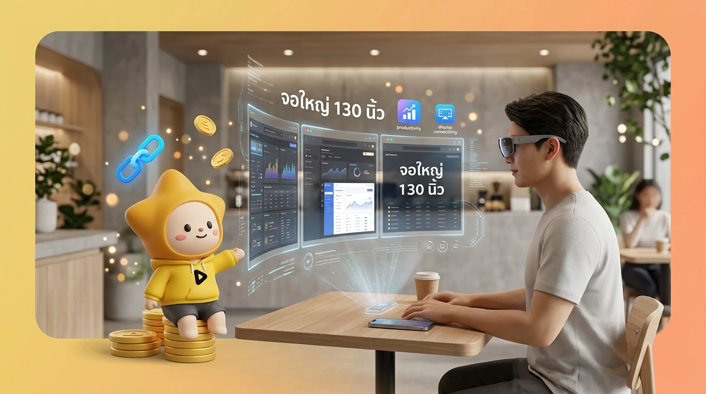 A person sitting in a modern cafe wearing AR glasses with a 3-monitor virtual setup floating in front of them, high-tech vibe