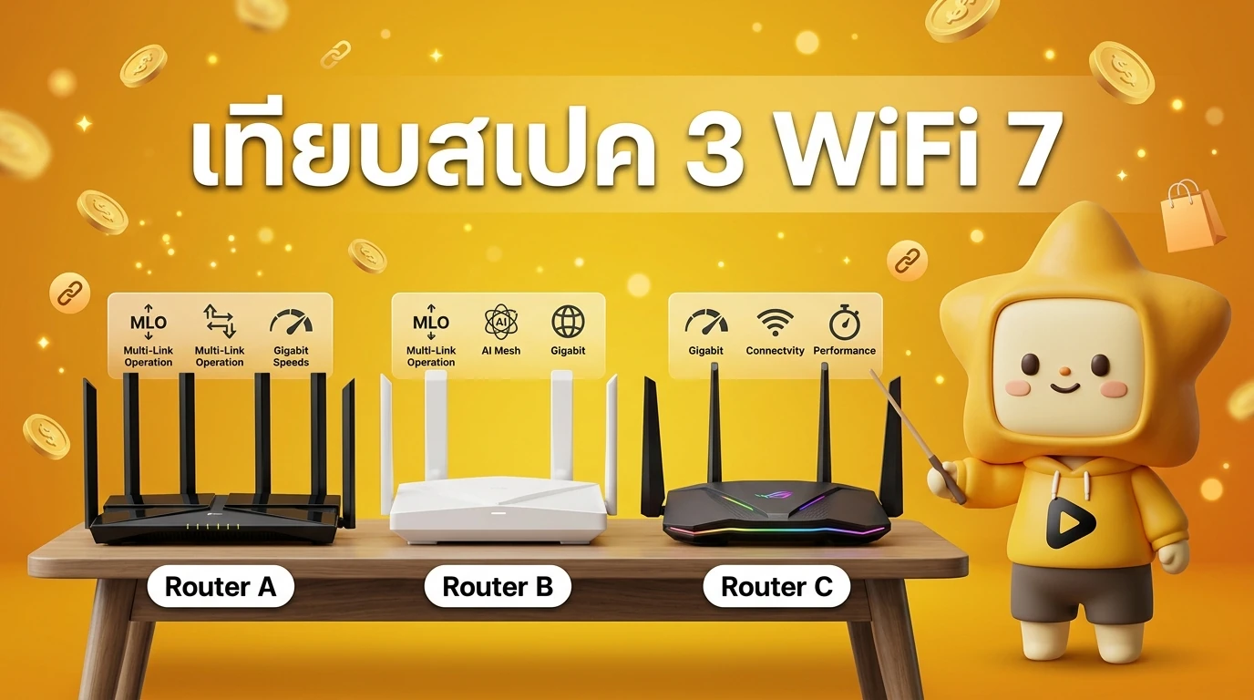 Comparison photo of the 3 recommended WiFi 7 routers side-by-side with key specs overlay
