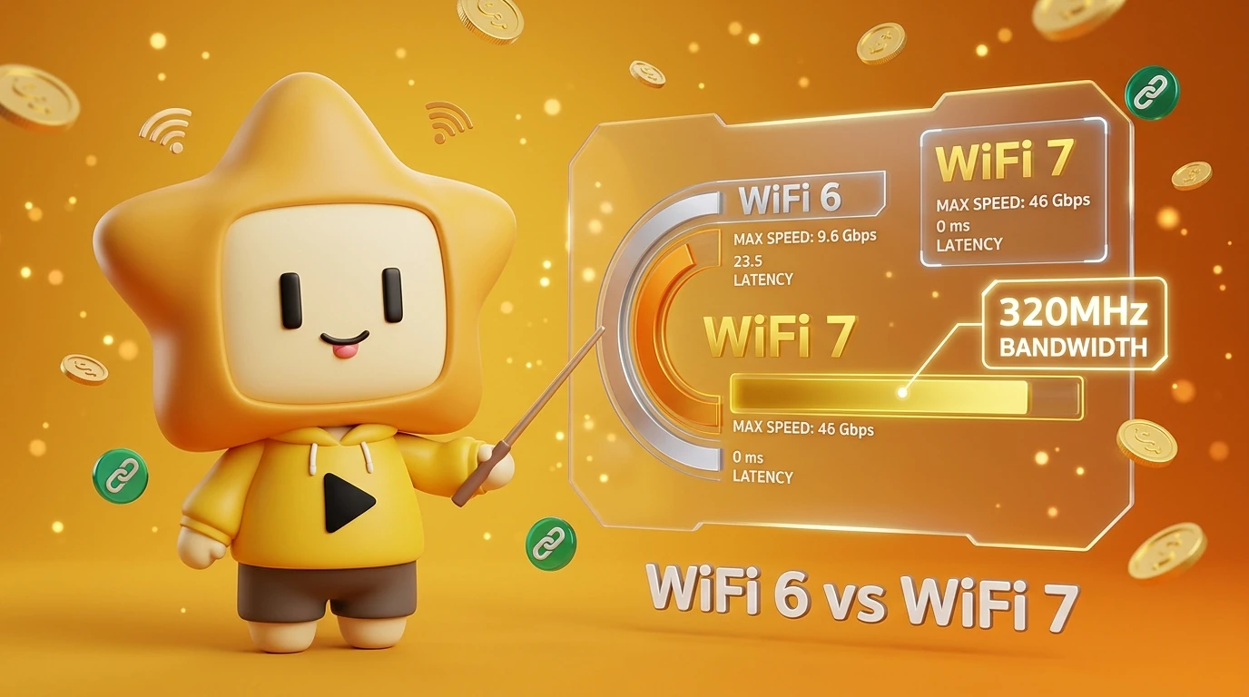 Infographic comparison showing WiFi 6 vs WiFi 7 speed and latency differences with 320MHz bandwidth