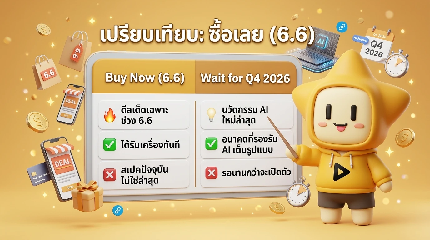 A comparison checklist graphic: "Buy Now 6.6" vs "Wait for Q4 2026" with pros and cons