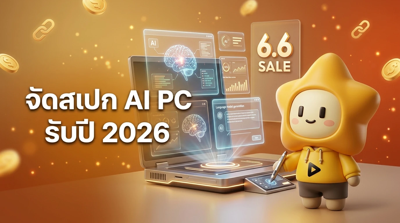 A futuristic 2026 workspace with a high-end AI PC showing holographic AI processing tasks and a 6.6 Sale banner