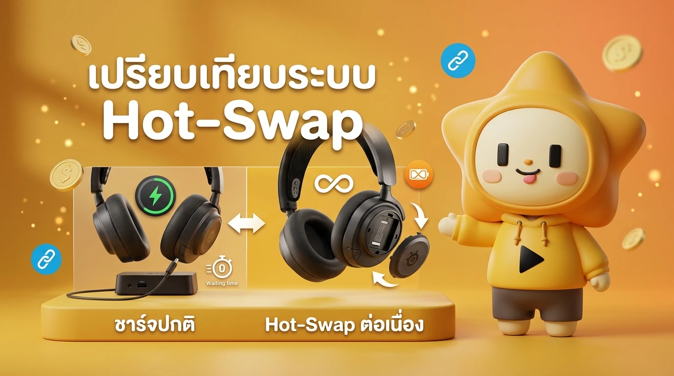 Comparison infographic showing the battery hot-swap system of SteelSeries Arctis Nova Pro Wireless