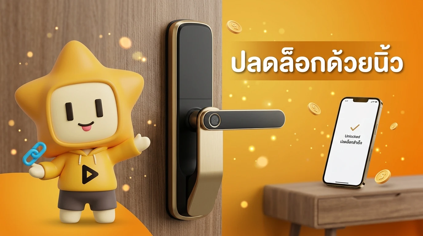 Close-up of a modern smart door lock showing fingerprint scanner and sleek design, with a smartphone nearby displaying the unlock screen.