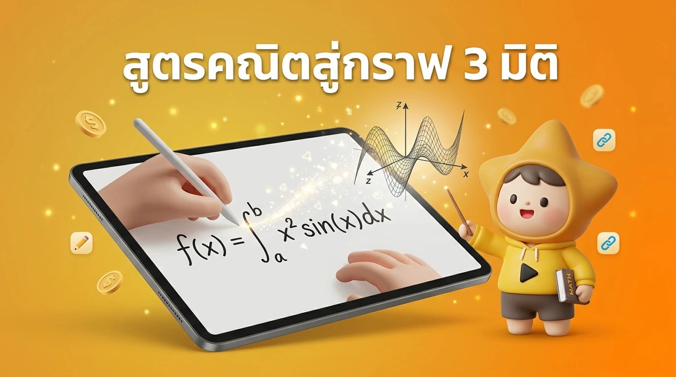 Close-up photo of a student using a tablet with a stylus, showing a complex handwritten math formula being converted into a 3D digital graph