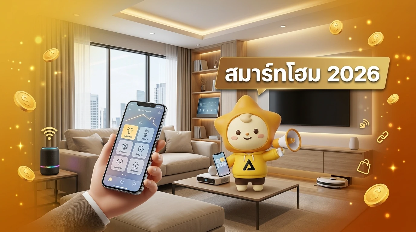 A modern living room in 2026 with various smart home devices subtly integrated, showing a person controlling them via a smartphone app.
