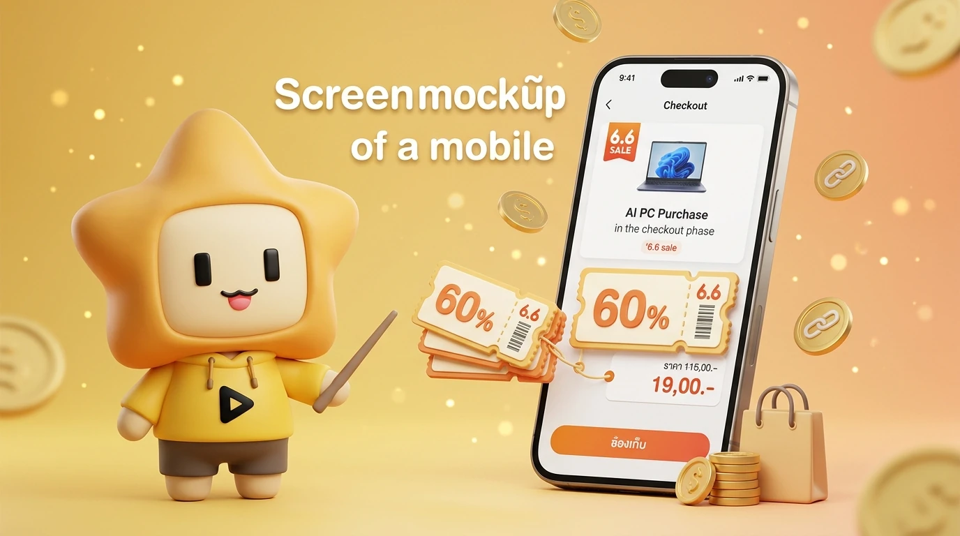 Screenshot mockup of a mobile shopping app during 6.6 sale, showing multiple discount coupons applied to an AI PC purchase