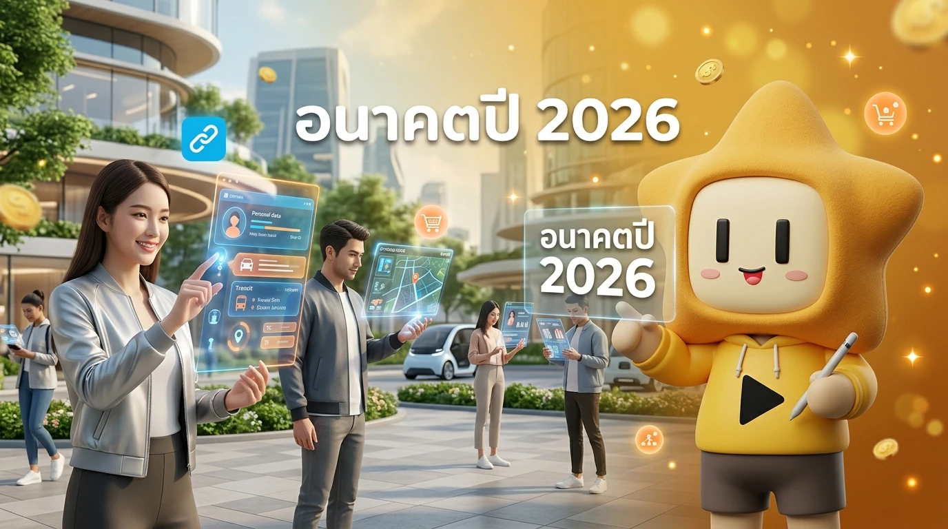 A futuristic city scene in 2026 showing people interacting with holographic AI interfaces in their daily lives, friendly and bright atmosphere