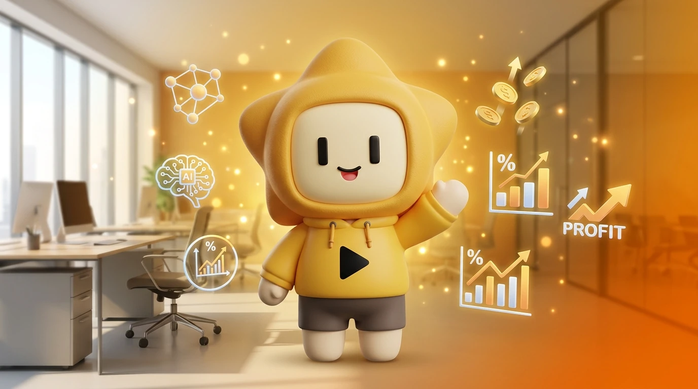 Mascot "Nong Dee Jing" waving hand with a friendly smile, standing in a bright modern office with digital icons of AI and profit growth around