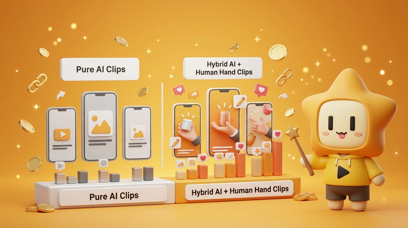 Comparison table showing the difference in engagement between "Pure AI clips" vs "Hybrid AI + Human Hand clips".
