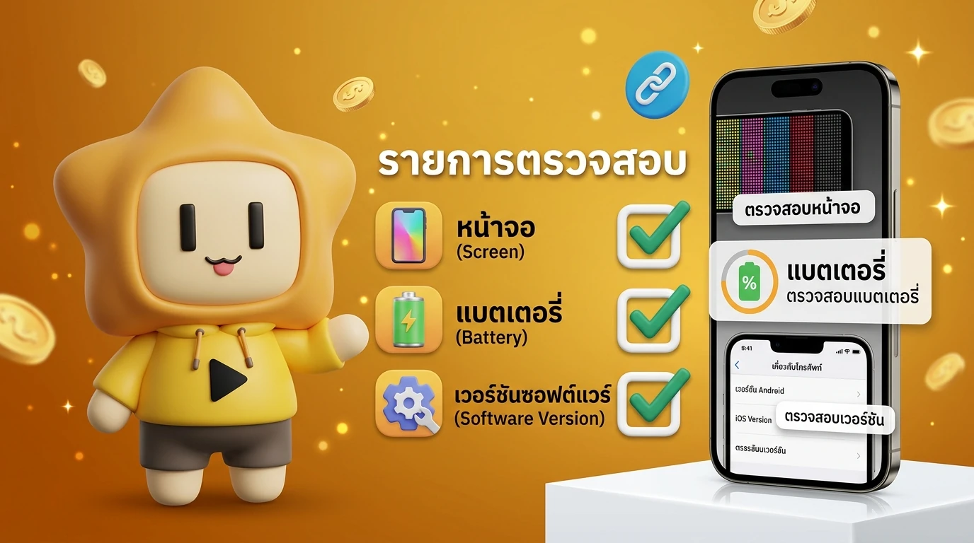 Detailed checklist for inspecting a refurbished smartphone, showing screen, battery, and software version check